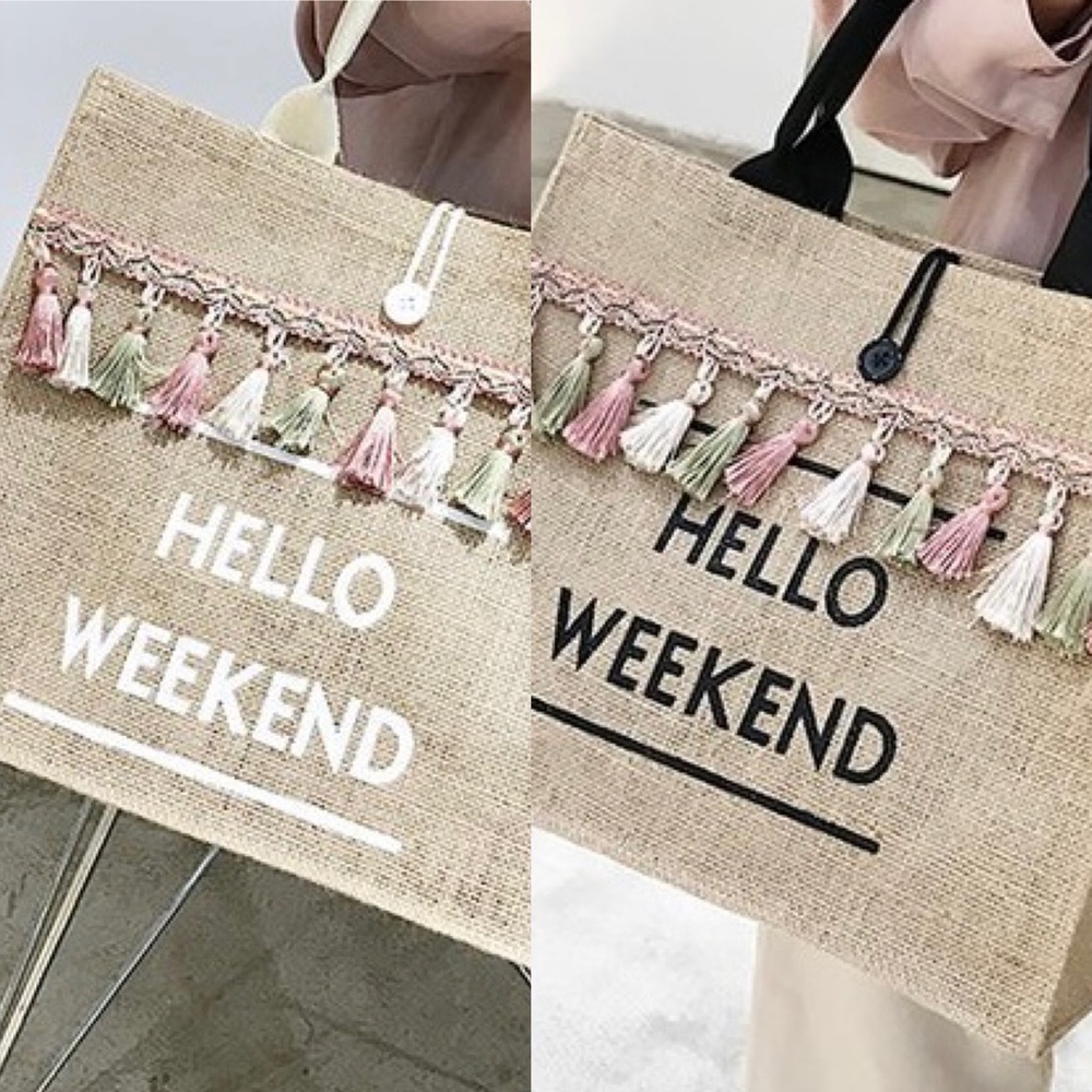 “HELLO WEEKEND" PINK & GREEN STRAW BAG BEIGE WHITE/BLACK LETTERS - Mother’s Day